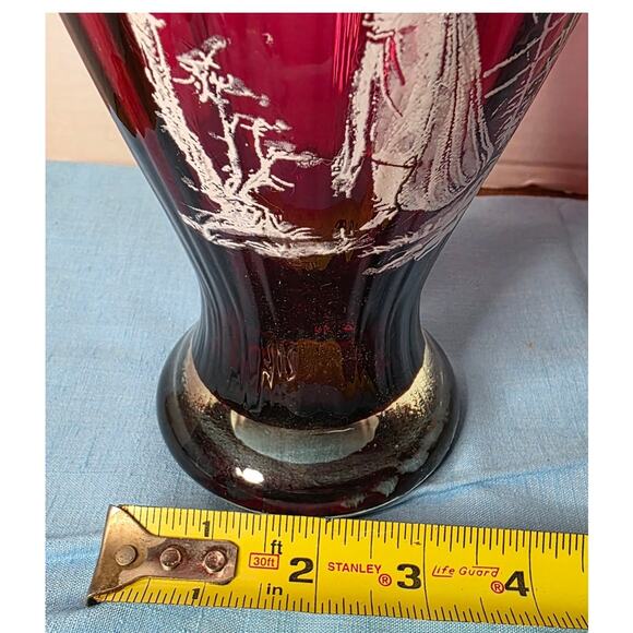 Ruffled Cranberry Bohemian Mary Gregory Victorian Cameo Hand Painted Vase 12" - Picture 6 of 7